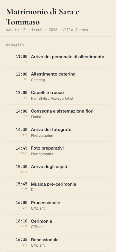 Vista pubblica read-only della scaletta condivisa da Flowly